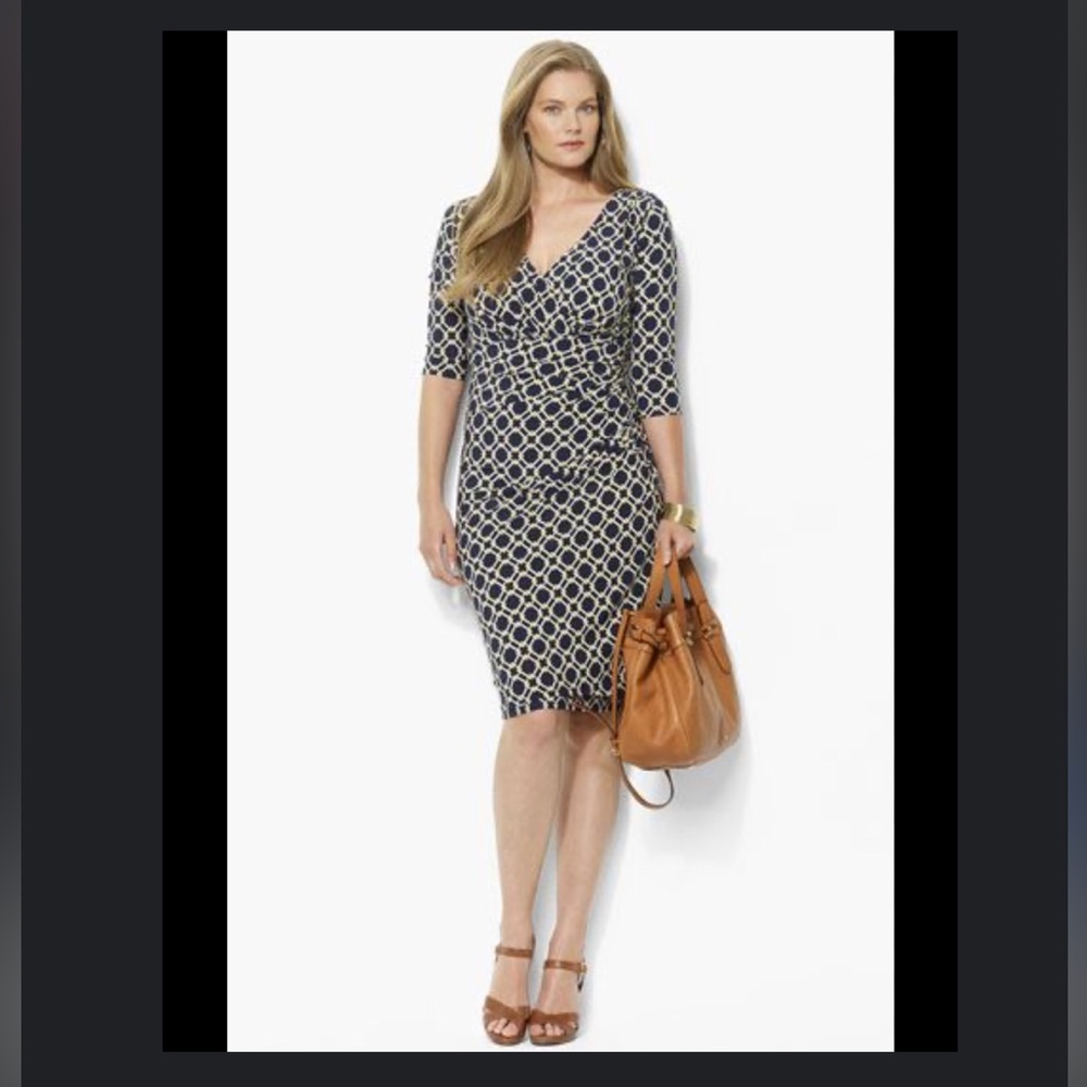 Lauren Ralph Lauren Navy Yellow/White Chain Link Faux Wrap Wiggle Dress 6 NWOT